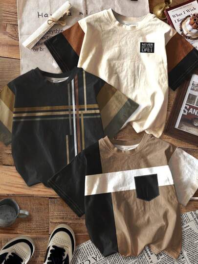 SHEIN 3pcs/Set Tween Boys' Casual Stylish Classic Colorblock Patchwork Graphic Print Short Sleeve T-Shirts, Suitable For Summer