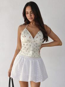 Roylia Saia feminina de verão, cor sólida, retrô, com flores bufantes, saia em linha A de cintura alta, saia lanterna fofa e sexy, minissaia com saia tipo bolo - Branco - Ver 4