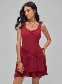 Roylia Women's Elegant Sweetheart Neck Drawstring Ruffle Hem Fitted Romper, Summer - Red - View 4