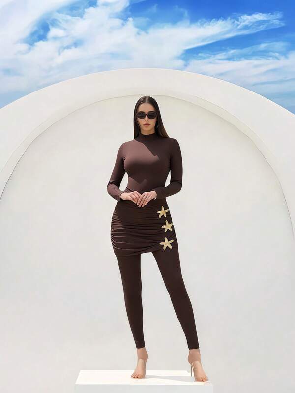 Swim Shayni Ladies Elegant Modest Swimsuit Set With Conservative Round Neck Zipper Top, Pleated Hip-Hugging Design, Star Hem Detail And Solid Color Swim Shorts For Summer Beach Vacation