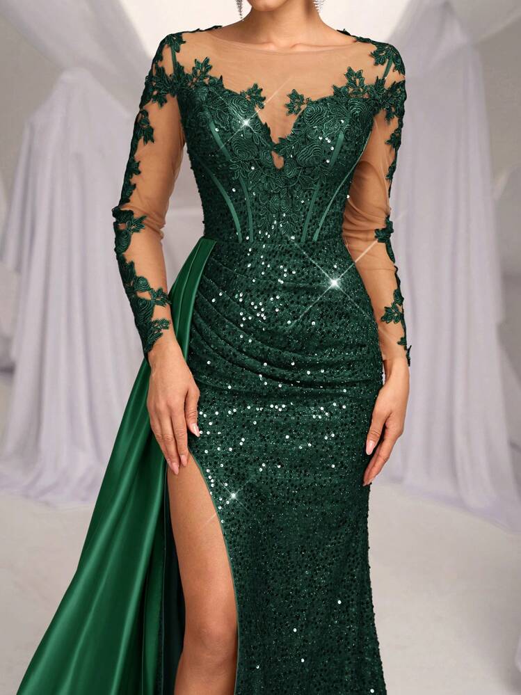 Glamrae Elegante y lujoso vestido de satén maxi con abertura, cola de pez y tren, bordado con encaje y lentejuelas, adecuado para bodas, fiestas, vacaciones, galas y ocasiones especiales (muy adornado), vestido formal, de fiesta, de noche, para invitada de boda en color verde, para el Día de San Valentín - Verde Oscuro - Añade 1
