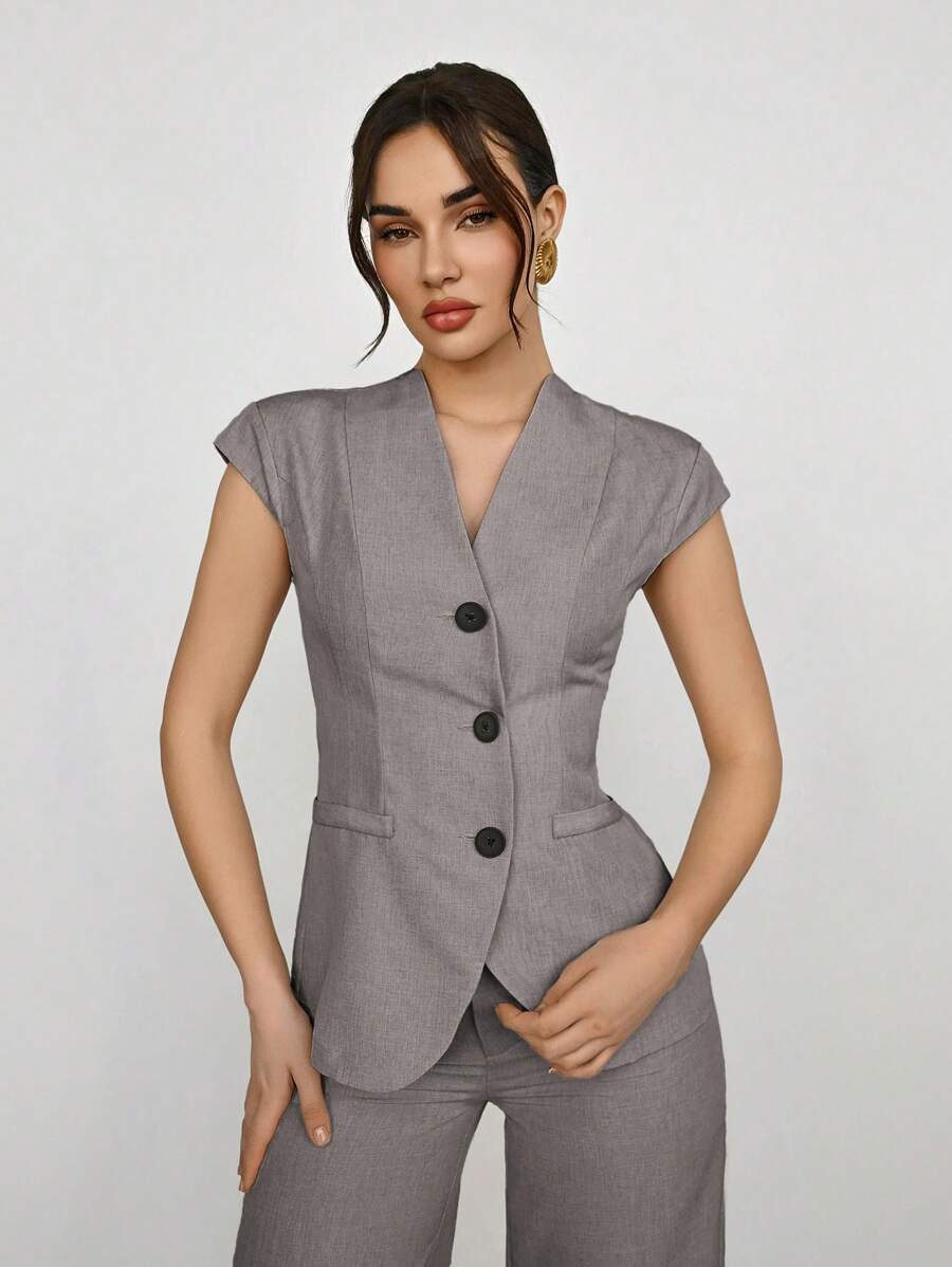 Aloruh Bộ vest và quần âu tối giản một hàng khuy dành cho nữ khi đi làm, trang phục công sở mùa hè dành cho nữ, trang phục công sở dành cho nữ, trang phục chuyên nghiệp dành cho nữ vào mùa thu/đông - Xám - Xem 1