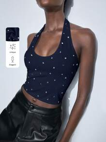 Maija 女士海军蓝U领水钻装饰简约时尚修身上衣，休闲日常、商务休闲、度假皆宜 - 藏蓝色 - 查看 3