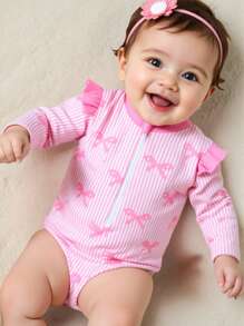 SHEIN Baby Girl Striped & Bow Print Zipper Long Sleeve Rash Guard Swimsuit - Pink - View 1
