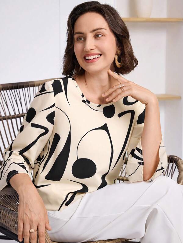 Miaspire Women's Casual All-Over Print Round Neck Bell Sleeve Blouse, Spring/Summer, Tea Party Dress