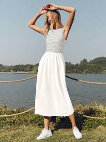 SHEIN LUNE Women's Sleeveless Ruched Ribbed Shirred A-Line Midi Dress, Casual/Vacation Elegant Comfortable Everyday Dress - White - View 3