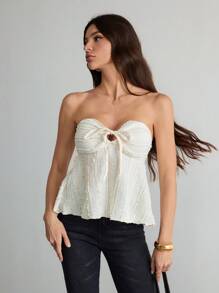 SHEIN Tall Blusa de mujer de unicolor con hombros descubiertos, lazo delantero y volantes texturados, atuendo para conciertos, festivales rave y música country de verano