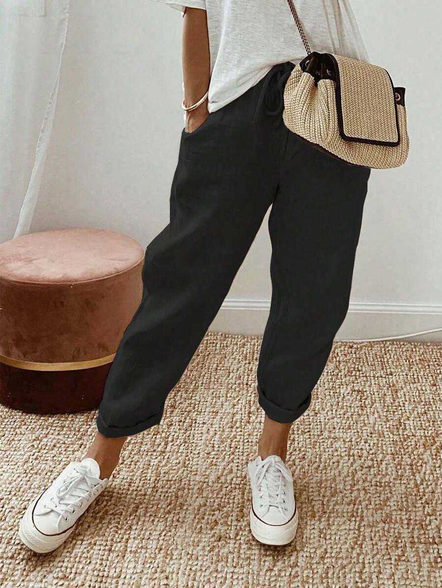 SHEIN PETITE Women's Casual Solid Color Linen-Feel Pants, Spring/Summer Fall Cloth For Women - Black - View 1