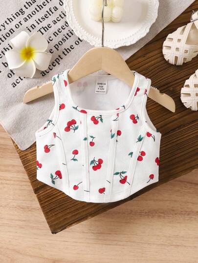 SHEIN LMoss Kids Babygirl Summer Cute & Versatile Cherry Print Knit Camisole