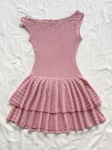 Soleia Women Vacation Textured Knit Asymmetric Shoulder Pink Mini Dress With 3D Floral Decor, Fitted With Ruffle Hem - Pink - View 2