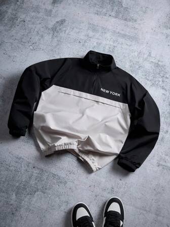 Manfinity Campus Court Men's Letter Print Contrast Color Long Sleeve Casual Outdoor Windbreaker Jacket, Zip Ups, Jackets For Men Y2k, Fall, Grunge