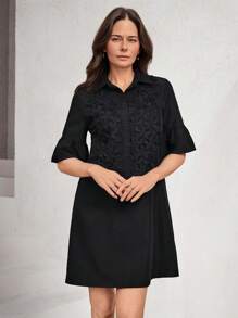 Miaspire Women's Summer Solid Color Front Button Elegant & Fashionable Short Sleeve Mini Dress - Black - View 4