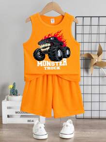 SHEIN 2pcs Fashion Monster/Cartoon Print Short Sleeve T-Shirt & Shorts Set, Casual Look For Young Boys In Summer