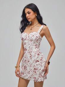 Roylia French Floral Print Tight Waist Ruffle Decoration Camisole Dress With Bust Cup For Women - Multicolor - View 5
