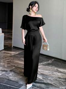 DAZY 女士奢华精致夏季连体裤，优雅高端轻缎华丽连体裤 - 黑色 - 查看 4