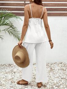 SHEIN 孕妇度假休闲纯色侧开衩吊带背心和裤子两件套 - 白色 - 查看 2