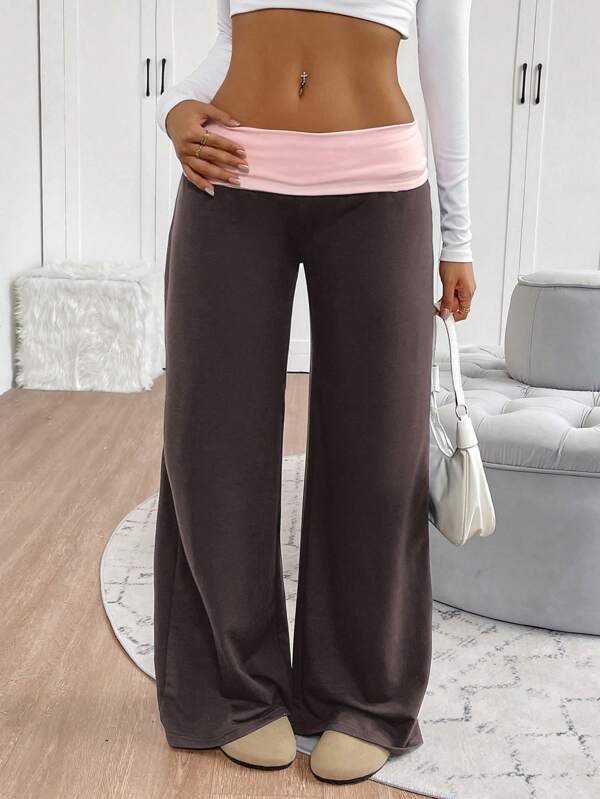 INAWLY Plus Size Contrast Color Elastic Waist Casual Straight Leg Pants