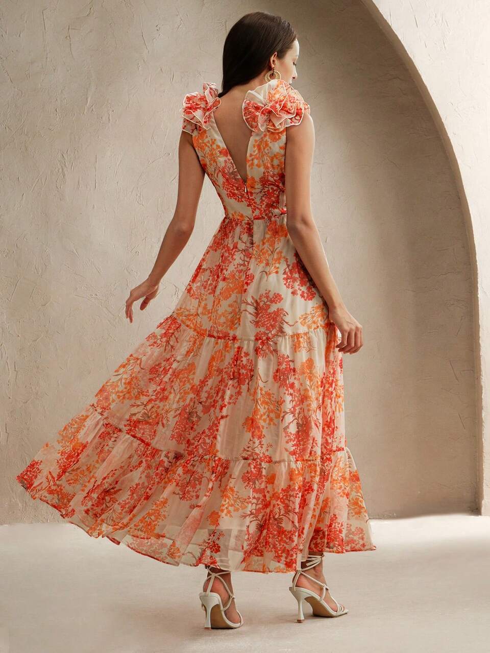 Women's Elegant Retro Maple Leaf Print Orange And White Chiffon Deep V Neck Sleeveless Maxi Dress,Ruffle Hem Waist-Cinched Summer Holiday Vacation