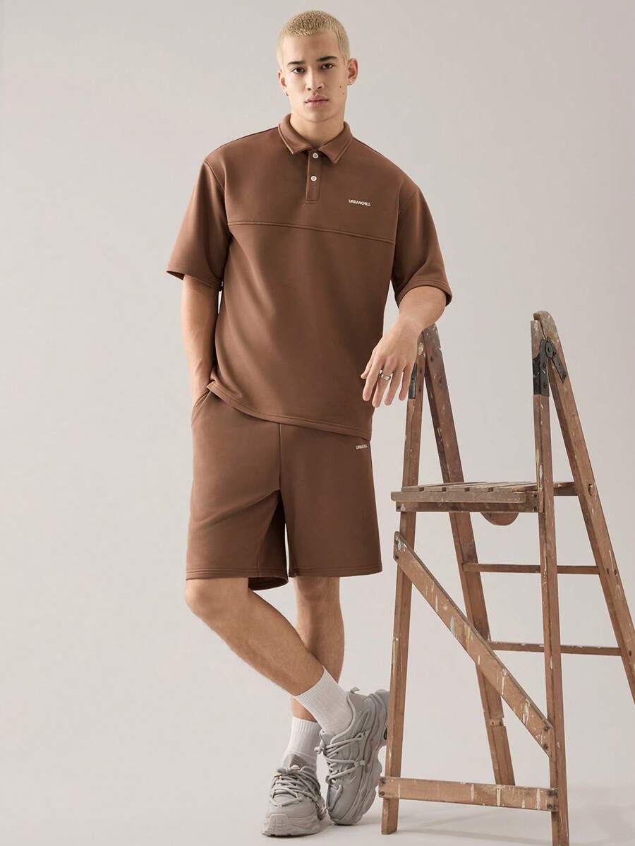 Manfinity VCAY Men's Knitted Fashion Daily Young Casual Loose Short-Sleeved POLO Shirt Elastic Waist Straight Shorts Suit Two-Piece - Chocolate Brown - View 1