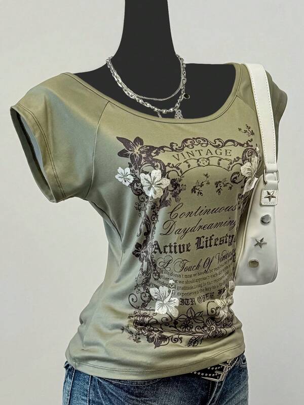 SHEIN EZwear Women's Summer Country Concert Casual Vacation Floral & Slogan Print T-Shirt