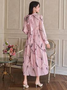 DAZY Vestido plisado de manga farol con estampado floral elegante, vestido de manga larga para primavera/otoño - Rosa - Ver 2