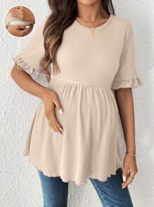 SHEIN Round Neck Ruffle Solid Color Casual Short Sleeve Nursing Top, Summer,Maternity Clothes,Maternity Clothes - Apricot - View 1