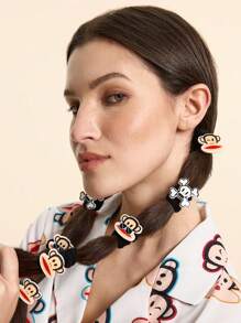 Paul Frank X SHEIN 8pcs Cute Cartoon Monkey & Black Elastic Hair Ties, Ponytail Holders - Black - View 7