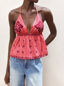 Maija Camiseta sin espalda con cuello halter de color rosa para mujer, casual, para vacaciones de verano, con diseño de estampado de moda - Rosa - Ver 2