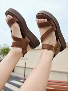 Sandalias planas casuales y versátiles para mujeres con tiras con botones - Marrón - Ver 3