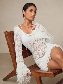 Swim Chiccia 夏季海滩度假风格流苏镂空V领露背系带连衣裙女式流苏连衣裙