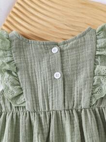 SHEIN Vintaside Kids Baby Girls' Korean Style Casual Embroidered Flower Ruffle Hem Double-Sided Crinkle Romper, Summer - Green - View 5