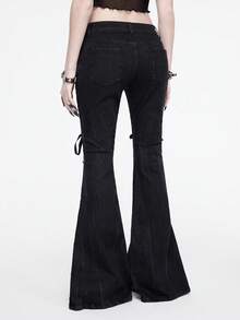 ROMWE Gothic Dark Style Halloween Palace Castle Flocking Patchwork Eyelet Super Low Waist Flare Leg Jeans - Black - View 7