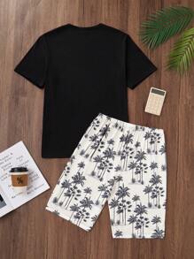 Set de 2 piezas de pijama casual de vacaciones para hombre con estampado de letras y manga corta