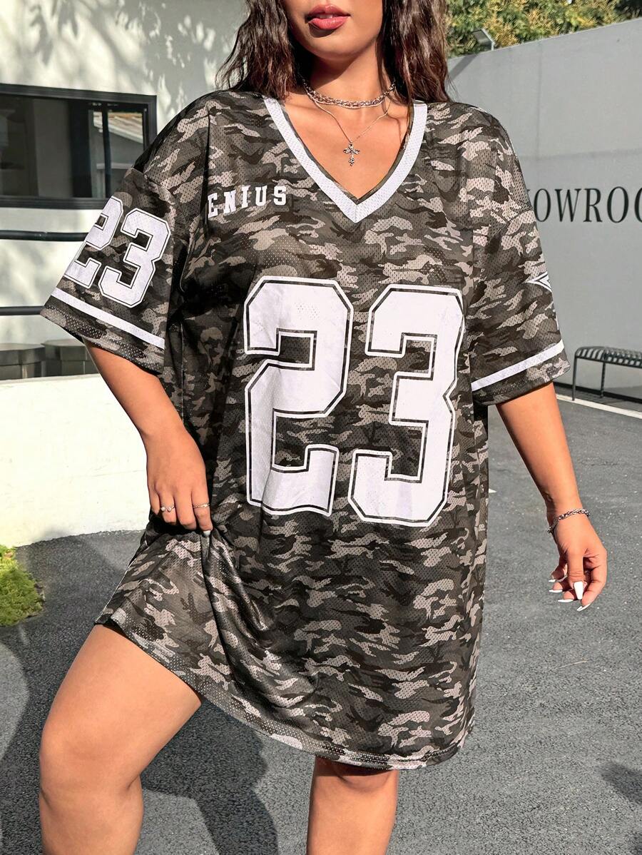 SHEIN EZwear 大码夏季迷彩图案宽松连衣裙 - 彩色 - 查看 1