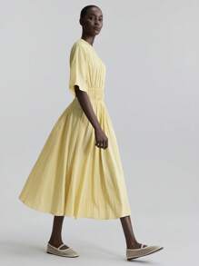 Ontre Damen Vier-Jahreszeiten Bürokleid mit Taille, Hochzeitsgast Kleid, Lehrerin Kleid, Club Kleid, Business Lässig Kleid, Old Money Stil, Retro Damen Kleid, Lässig Street-Style, Rundhals Fledermausärmel, plissiertes Taschen Midi Kleid