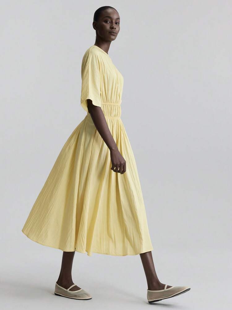 Women's Four-Season Office Dress With Waist, Wedding Guest Dress, Teacher Dress, Club Dress, Business Casual Dress, Old Money Style, Retro Women's Dress, Casual Street Style, Round Neck Batwing Sleeves, Pleated Pocket Midi Dress