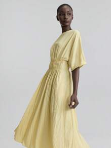 Ontre Damen Vier-Jahreszeiten Bürokleid mit Taille, Hochzeitsgast Kleid, Lehrerin Kleid, Club Kleid, Business Lässig Kleid, Old Money Stil, Retro Damen Kleid, Lässig Street-Style, Rundhals Fledermausärmel, plissiertes Taschen Midi Kleid