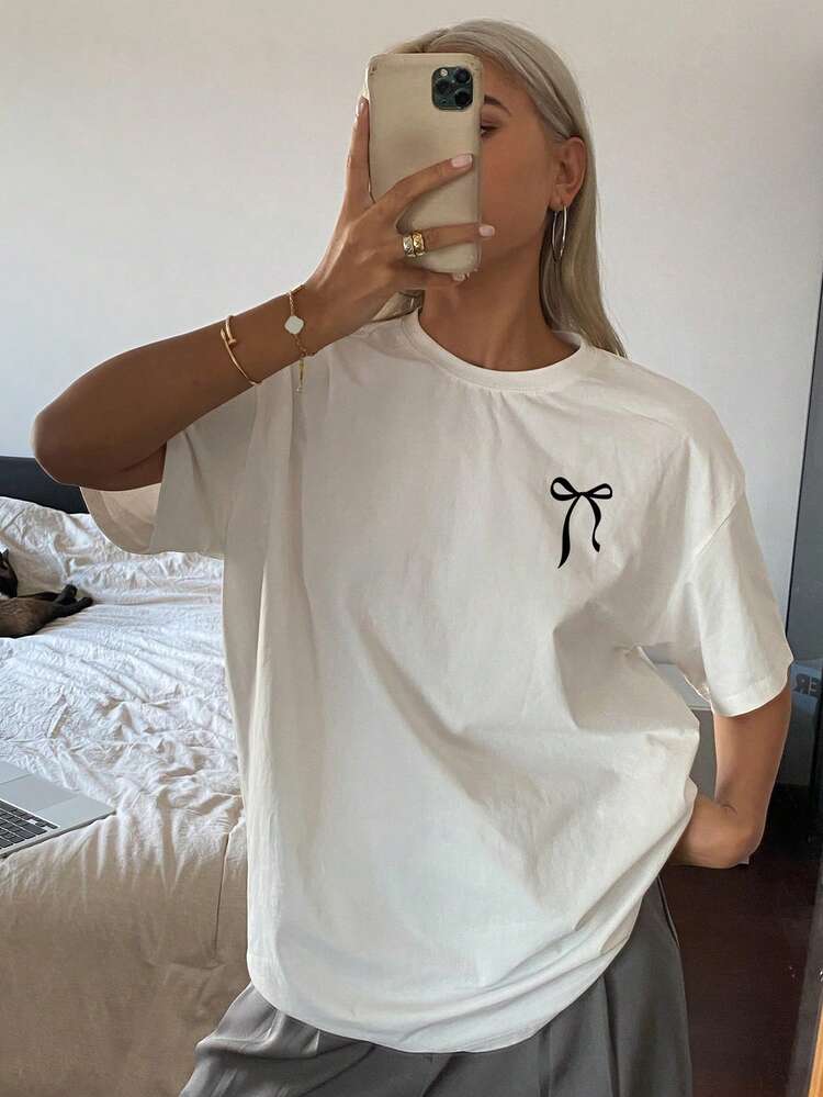 Solid Color Round Neck Long Loose Short Sleeve Women T-Shirt