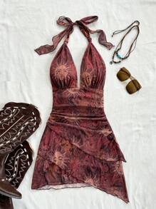 SHEIN ICON Đầm ngắn lãng mạn cổ chữ V buộc nơ gợi cảm họa tiết Paisley lưới xếp nếp viền bất đối xứng, trang phục nghỉ dưỡng - Nhiều màu - Xem 4