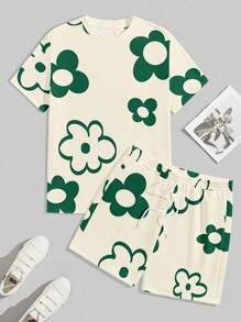 Manfinity Homme Men Floral Print Casual T-Shirt And Shorts Set, Cozy Outfits - Green - View 4