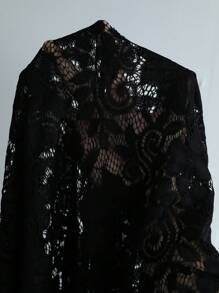 Swim Lushoire Plus Size Women Lace V-Neck Loose Fit Short Sleeve Beach Cover-Up - Black - View 6