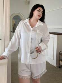 Dazy Plus Conjunto de pijama blanco de manga larga holgado con contraste de encaje estilo camisa