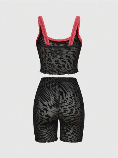 Goth Ensemble de lingerie composé d'un débardeur et d'un short à rayures de tigre contrastées avec dentelle gothique, serré et transparent