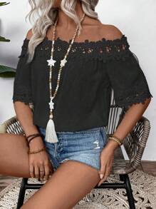 SHEIN LUNE Textured Fabric Lace Trim Detail Shirt, Fashionable For Summer - Black - View 8