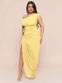 SHEIN BAE 加大码绿色 3D/压花花卉长裙，优雅太阳裙，适合夏季/女士夏装/夏装、海滩、度假、返校、春夏连衣裙、荷叶边侧开衩长裙/婚礼宾客礼服/伴娘礼服/鸡尾酒会礼服/派对礼服，女士夏装 - 黃色 - 查看 7