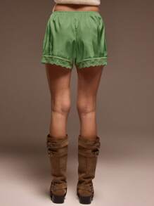 MUSERA Elasticated Satin Pull On Lace Trim Shorts Cute Summer Vacation Boho Summer Cute Fall Autumn Winter Holiday - Green - View 3