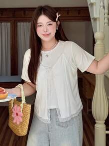 Dazy Plus Áo thun thời trang tay ngắn buộc ren tương phản cỡ lớn cho nữ - trắng - Xem 7