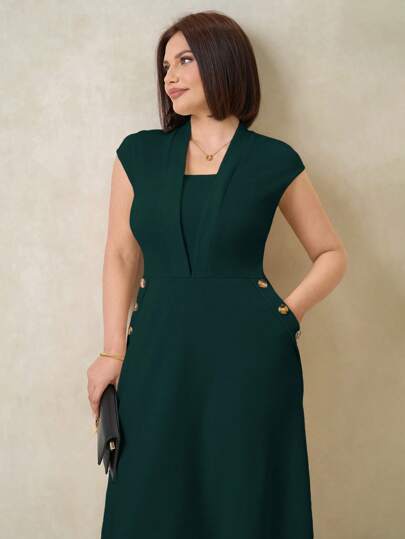 SHEIN Clasi Plus Size Elegant Button Decorated Office Dress,Summer Outfits For Women