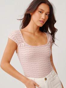 WESTFADE Top a maniche corte aderente con scollo a barca, con fiocco sul davanti, in maglia texturizzata, stile cowgirl, adatto per una vacanza estiva a Nashville
