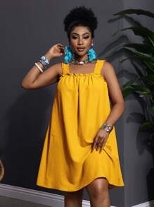 Slaydiva 大码无袖纯色休闲度假连衣裙 - 黃色 - 查看 7
